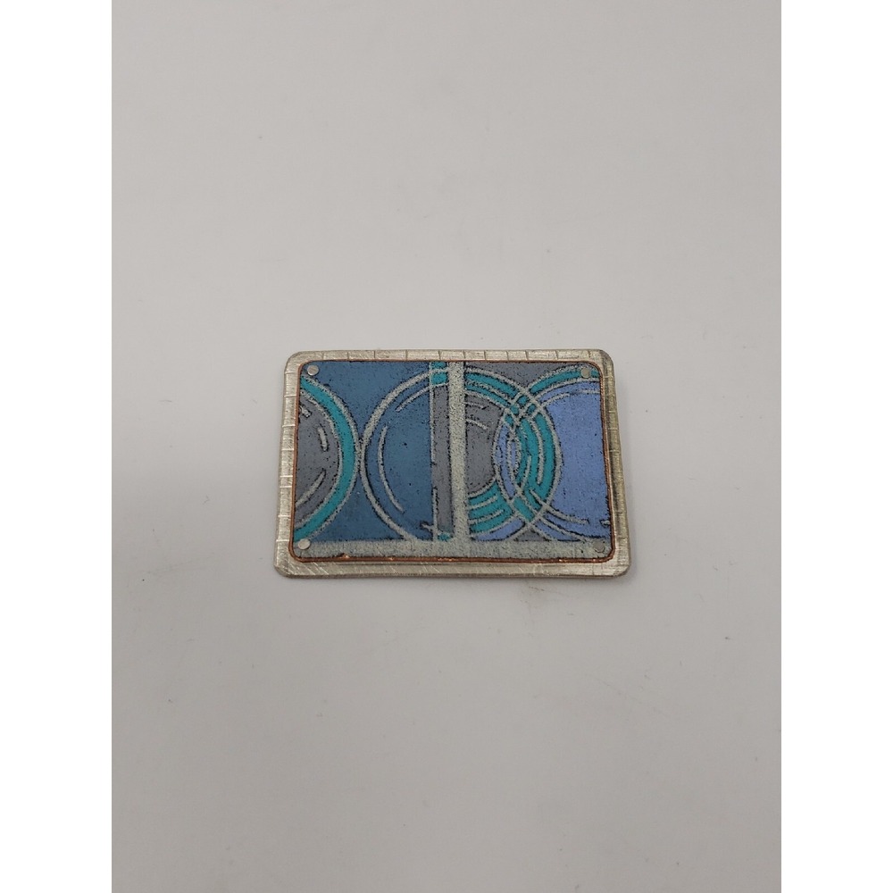 Vintage Oxidized Metal Painted Artisan Pin Rectangular Brooch Turquoise Blue 2"